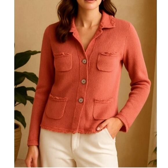 Sigrid Olsen Sweaters - Vintage Sigrid Olsen Coral Pink Knit Collared Cardigan Jacket Fringed Pockets XS